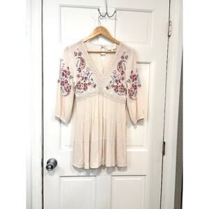 Audrey Parks Francesca's Peasant Top Sz XS Ivory Embroidered Floral Smocked Boho